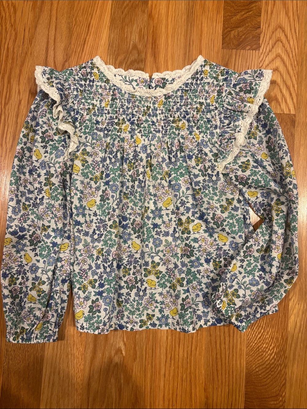 Mini Boden Girls' Floral Ruffle Long-Sleeve Top - Blue & Yellow